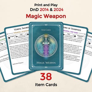 May include: A set of 38 "Magic Weapon" item cards for Dungeons & Dragons, featuring a central card with a sword design. The cards are teal with white borders and text, including "Vorpal Sword" and "Sword of Sharpness".