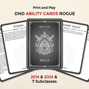 May include: Print and Play DND Ability Cards Rogue. The image shows several black and white cards with text and illustrations. The central card features a masked figure with crossed swords. Text includes "Evasion," "Cunning," and "Reliable Talent."