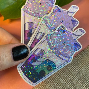 Holographic Boba Tea Cat Sticker - Boba Sticker - Vinyl Sticker Decal for Laptops, Water Bottles, Planners, & Journals