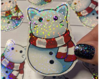 Snowman Cat Sticker - Holographic Sticker, Water Resistant Sticker, Laptop Sticker, Water Bottle Sticker