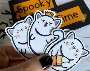 Spooky Ghost Cat - Halloween Sticker - Cat Sticker- Water Resistant Sticker, Laptop Sticker, Water Bottle Sticker
