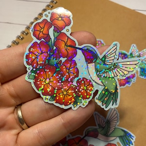 Holographic Hummingbird and Flower Sticker - Bird Sticker - Vinyl Sticker Decal for Laptops, Water Bottles, Planners, & Journals