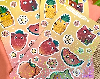 Holographic Fruit Cats Sticker Sheet - Cute Stationery - Vinyl Sticker Decal for Laptops, Water Bottles, Planners, & Journals