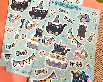 May include: A set of three holographic stickers featuring black cats with party hats, cake, and balloons. The stickers have a blue background with glitter and the text "Best Cat Studios" and "Meow!" The stickers are perfect for adding a touch of whimsy to your planner, laptop, or water bottle.