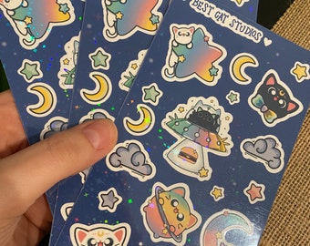 Holographische Space Cats Sticker Sheet - niedliches Briefpapier - Vinyl-Aufkleber für Laptops, Wasserflaschen, Planer & Journals
