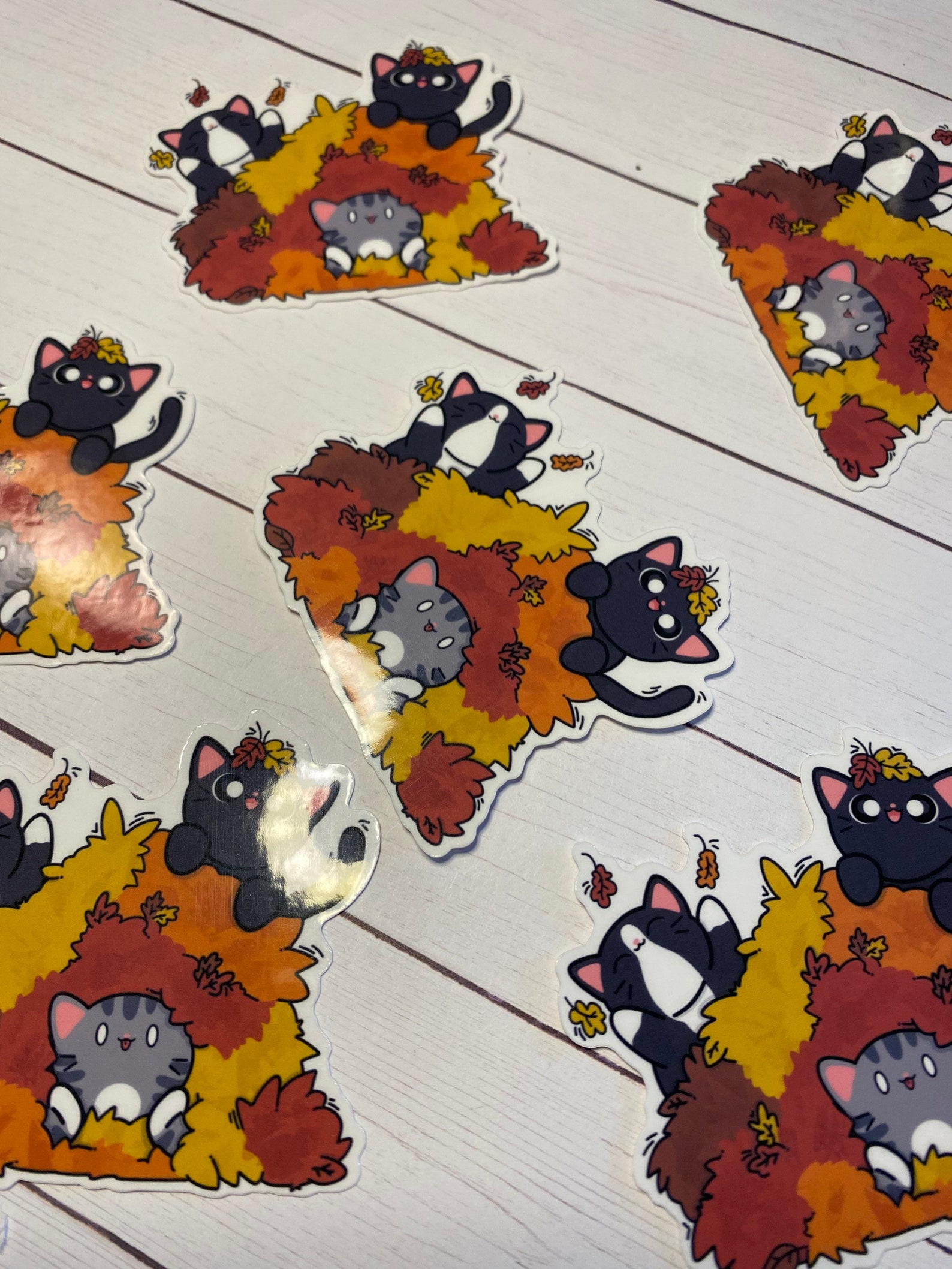 Fall Cat Stickers Fall Cats in Leaf Pile - Cat Sticker - Vinyl Sticker Decal for Laptops ...