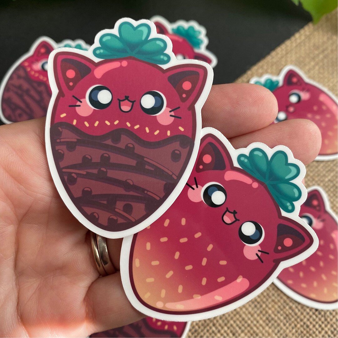 Strawberry Cat Sticker Chocolate Strawberry Vinyl Sticker Etsy