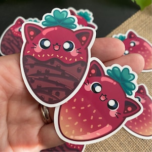 Strawberry Cat Sticker - Chocolate Strawberry - Vinyl Sticker Decal for Laptops, Water Bottles, Planners, & Journals