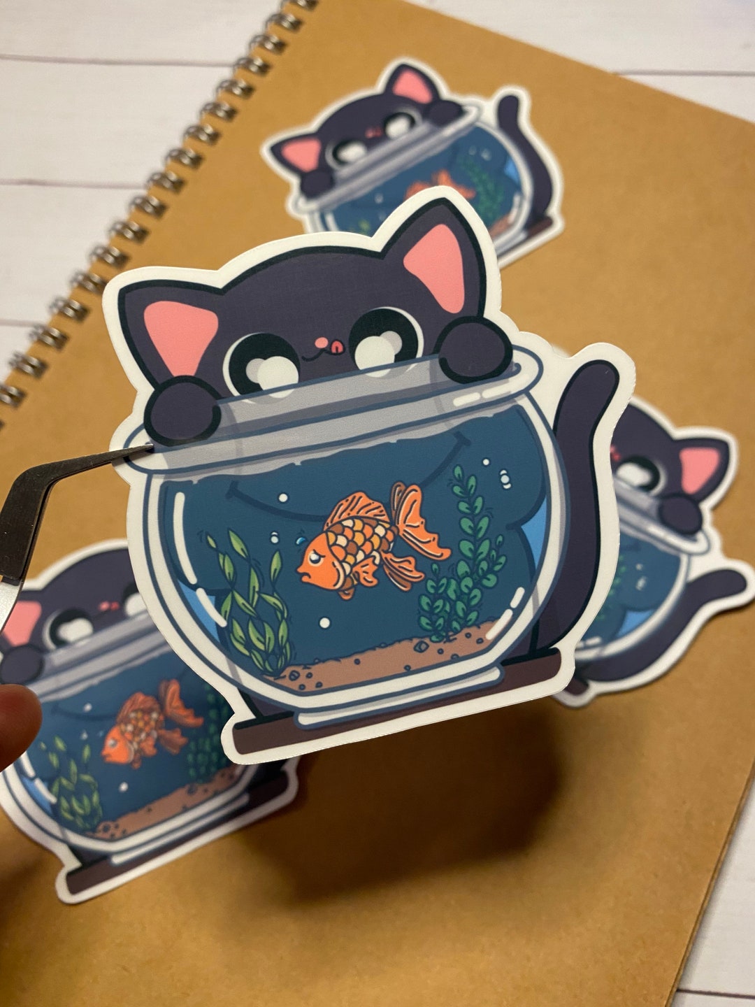 Fish Bowl Cat - Cat Sticker- Water Resistant Sticker, Laptop Sticker ...
