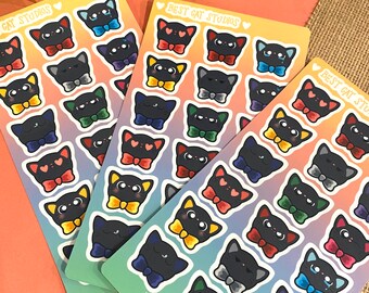May include: Three sheets of stickers featuring black cats with different colored bow ties. The stickers are on a rainbow gradient background. The text "Best Cat Studios" and "www.bestcatstudios.com" are printed on the stickers.