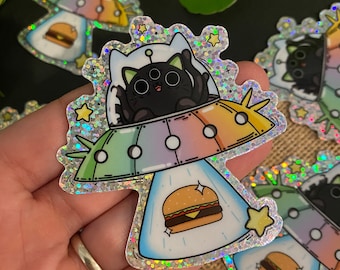 Holographic UFO Cat Sticker - UFO Sticker - Vinyl Sticker Decal for Laptops, Water Bottles, Planners, & Journals