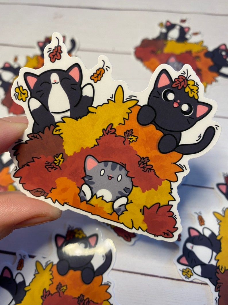 Fall Cat Stickers Fall Cats in Leaf Pile - Cat Sticker - Vinyl Sticker Decal for Laptops ...