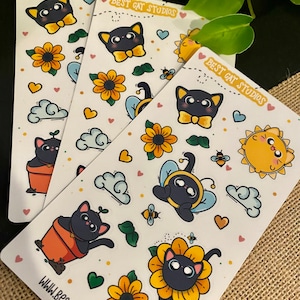 Hoja de pegatinas de gatos negros de girasol - Papelería linda - Calcomanía de pegatinas de vinilo para computadoras portátiles, botellas de agua, planificadores y diarios
