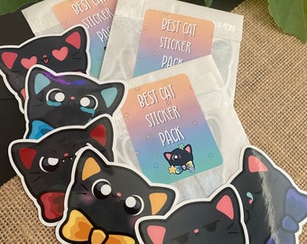 May include: A set of six black cat stickers with different expressions. The stickers are packaged in a clear plastic bag with a holographic rainbow background. The bag has a sticker on it that says "Best Cat Sticker Pack".
