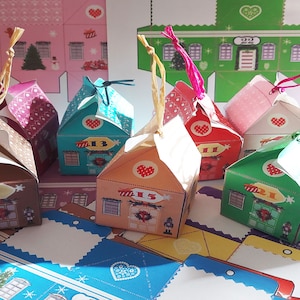 Calendario de Adviento navideño, cuenta regresiva, kit de diario basura, descarga digital, imprimible, lindas casas de colores, pueblo navideño de papel DIY