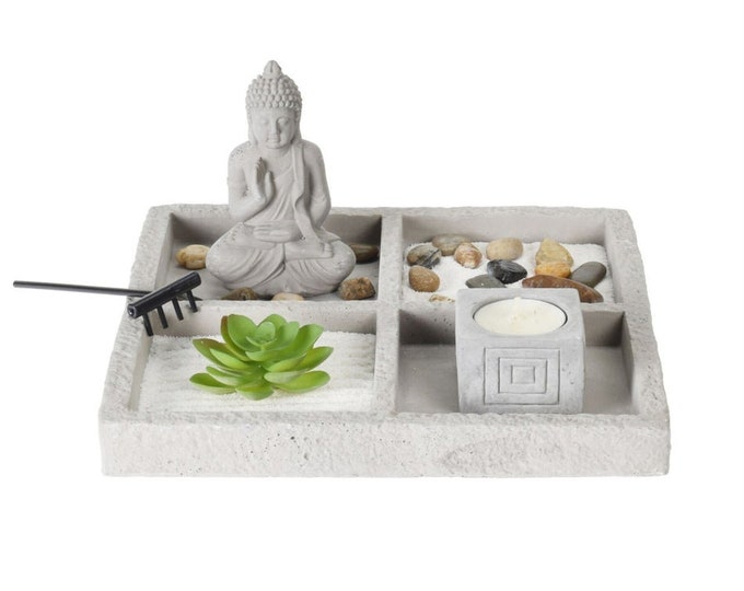 Stone Japanese Zen Garden Kit | Miniture Desktop Zen Garden Set  Tea light Candle Holder | Meditation ACCESSORIES BUDDHA ORNAMENTS