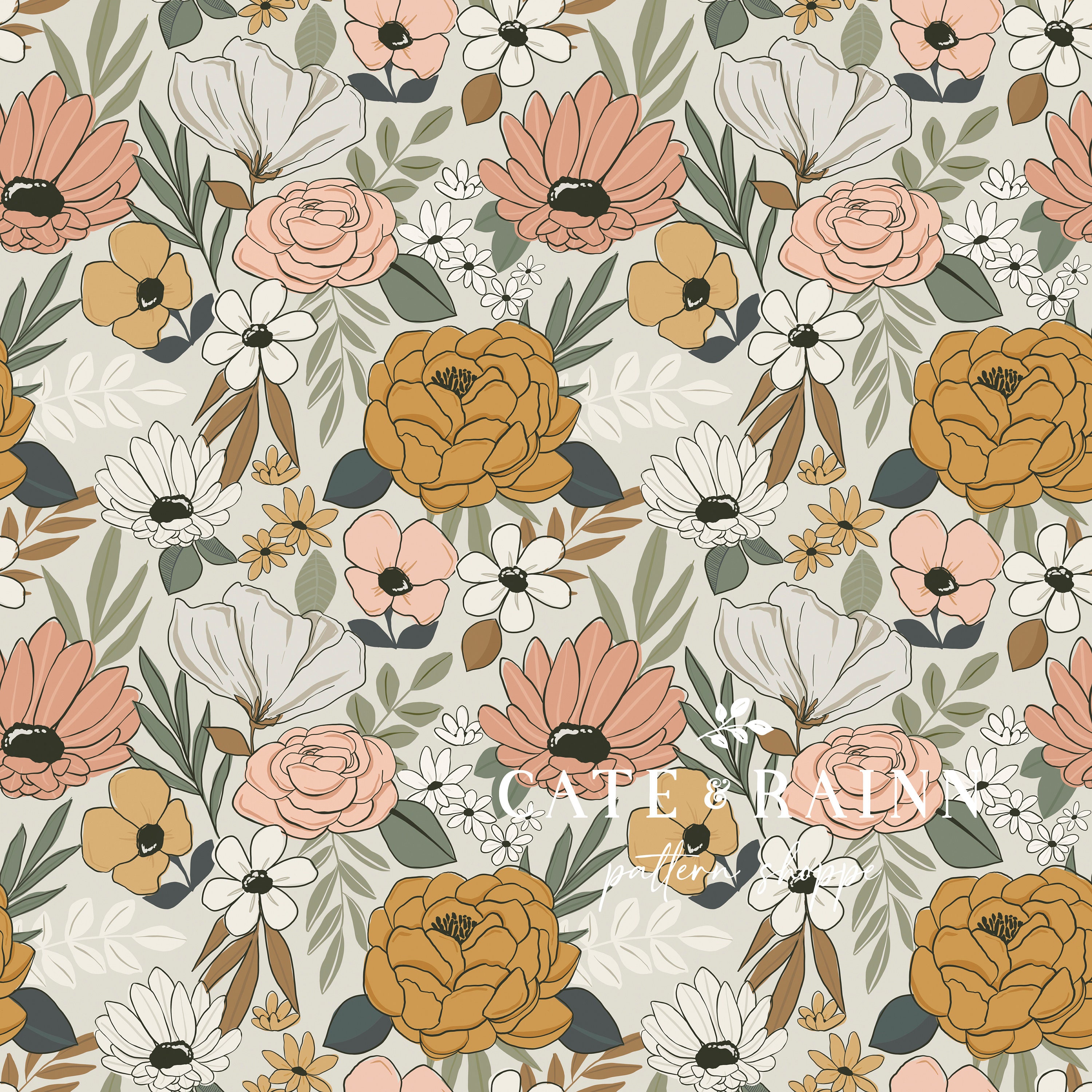 Retro Boho Floral Seamless Pattern, Repeat Pattern, Digital Paper
