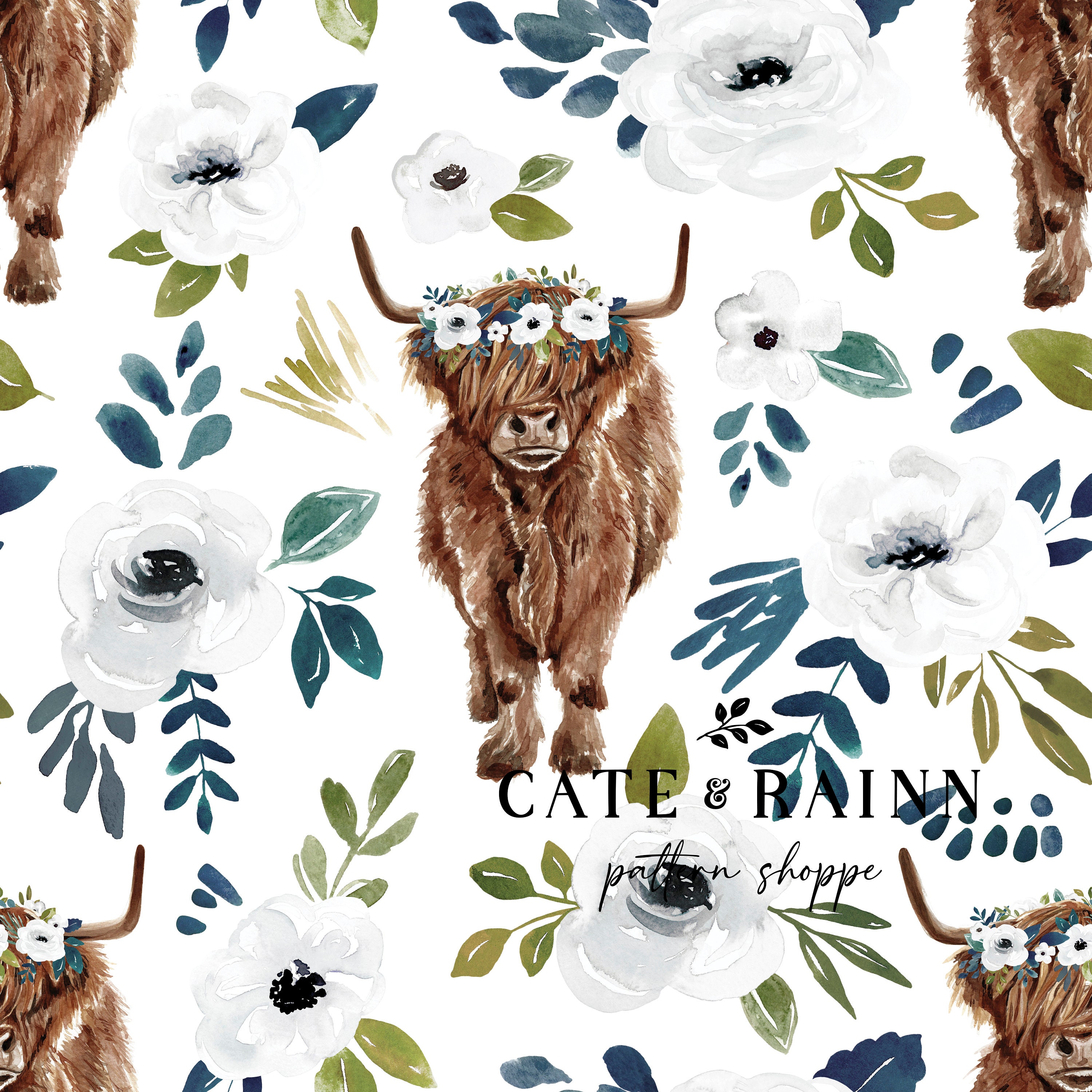 Highland Cow With White Flowers Pattern Avaleigh Collection 