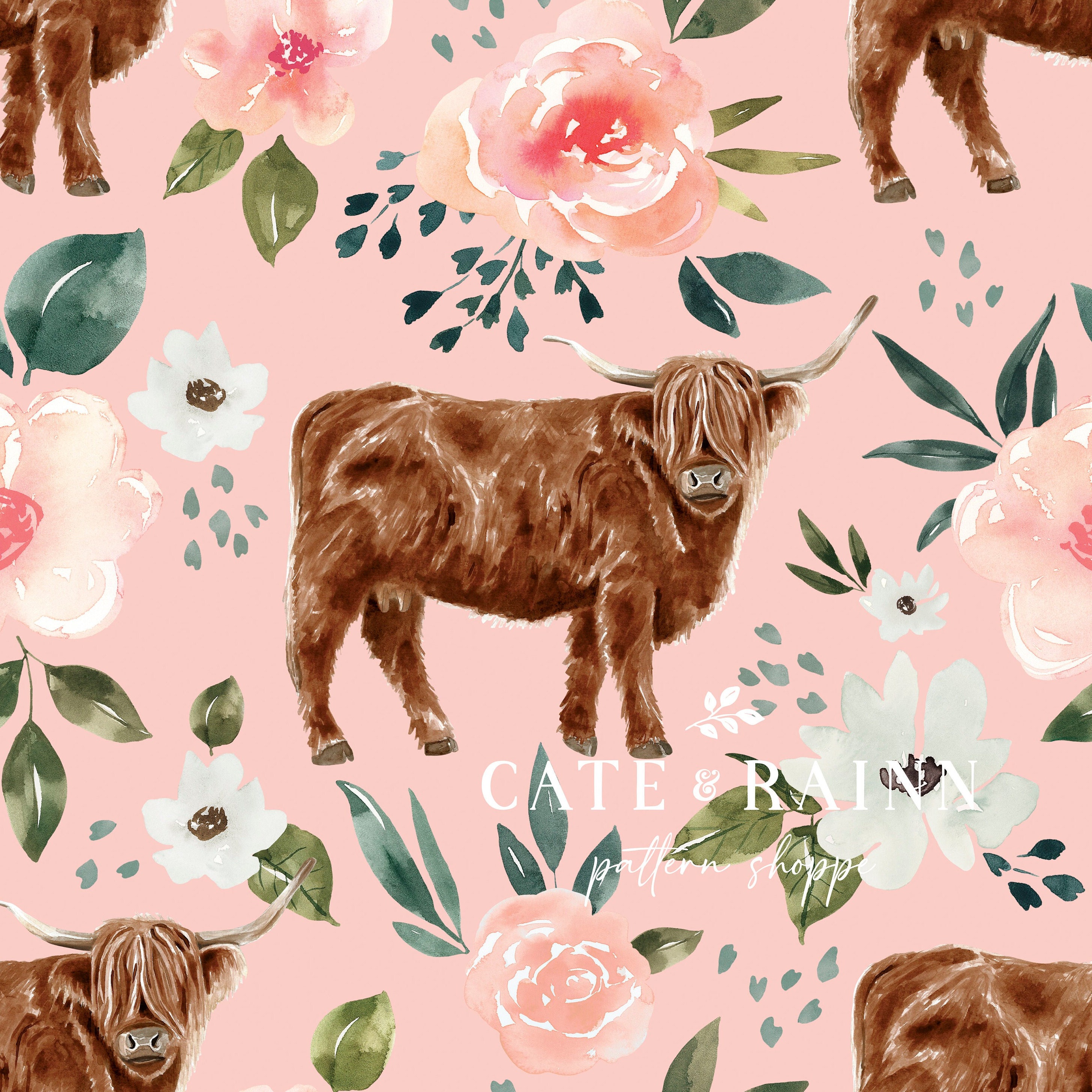 Highland Cow Floral Girls Wallpaper