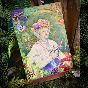 Seasonal faery godmother double-sided print ~ garden crow wheel of fate ivy pansy bumble bee three fates spinning wheel year seasons faeries