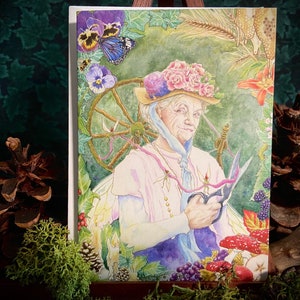 La tarjeta de la madrina de las hadas ~ caprichosa ilustración infantil fantasía folklore vieja bruja hada madrina tres destinos tarjeta bruja faerie