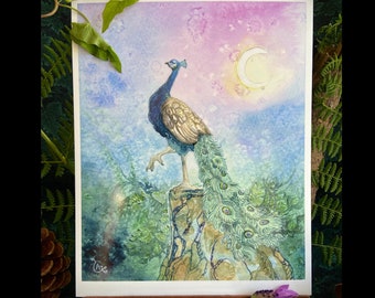May include: Watercolour painting of a peacock standing on a rock with its tail feathers spread out. The background is a soft purple and blue with a crescent moon.