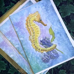 Lot de 3 cartes Hippocampe ~ Cartes de corail de l'océan sous-marin Récif de corail coloré Algues sirène plante enchanteresse d'eau de mer art féerique magique