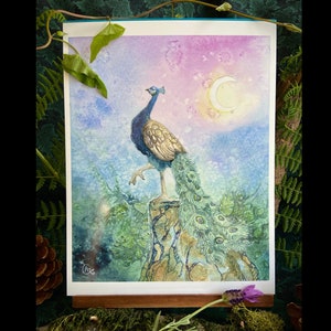Ethereal Peacock Archival Print ~ Whimsical Fantasy Watercolor Jungle Bird Magical Peacock feathers children&#39;s illustration ethereal forest