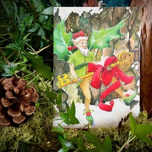 May include: A watercolor painting of a whimsical green fairy with holly wings holding a large golden key tied with a red ribbon.