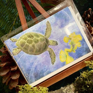 Carte fée tortue de mer ~ livre de contes pour enfants lunatique bulles d'eau vagues créatures marines anémone océan Faeryland récif de corail peinture fantaisiste