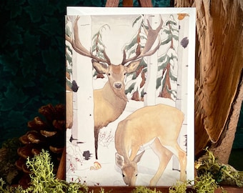Deer in Forest snowy winter scene ~ red berries birch trees cedar woodland foliage serene calm woods leaves whimsy children's illustration
