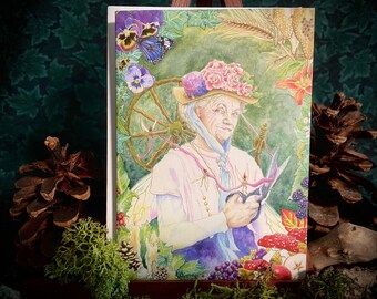 The Faery Godmother Card ~ whimsical children's illustration fantasy folklore old crone witch fairy godmother three fates witchy card faerie