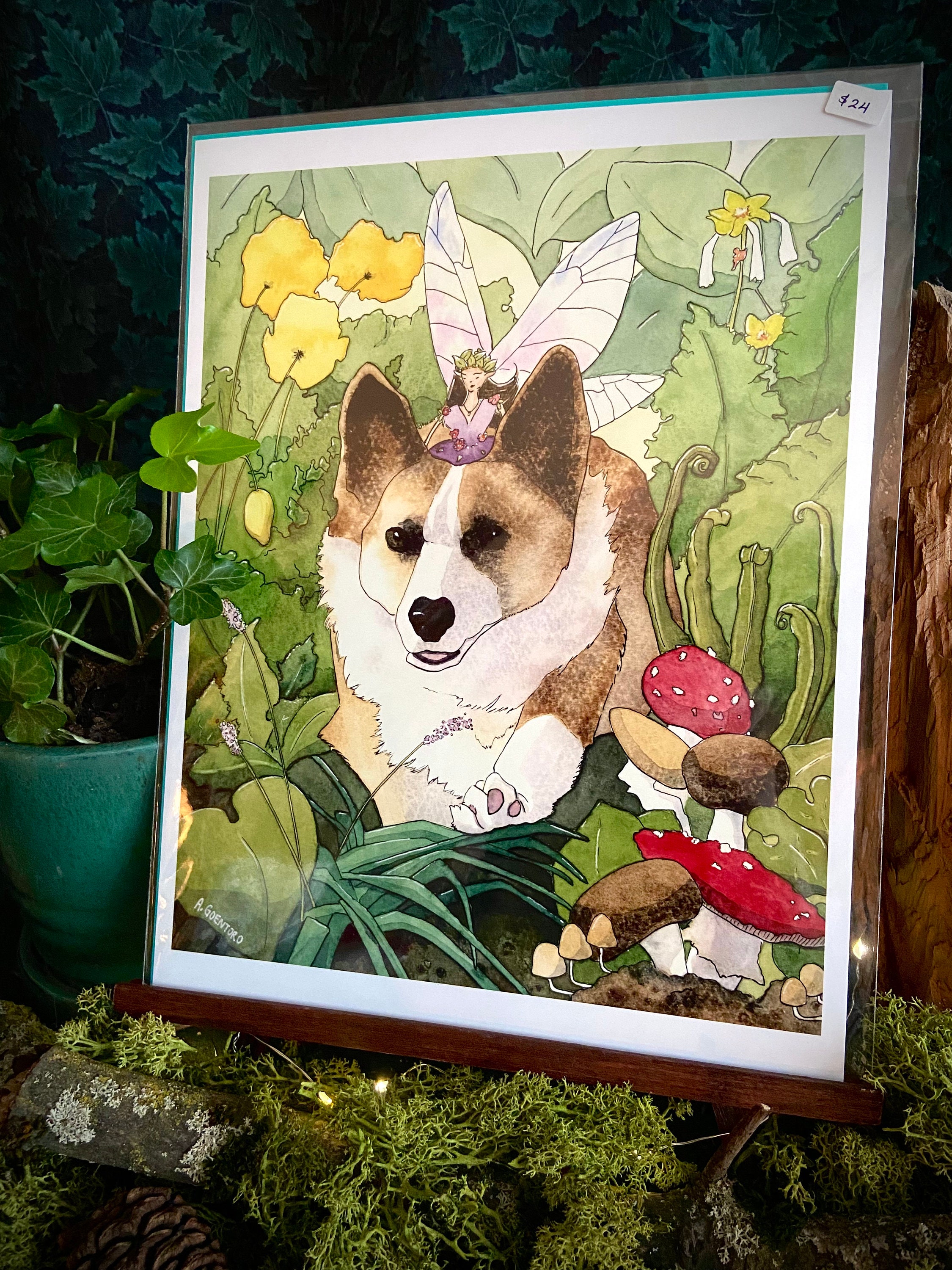 即納】 コーギーのプリント画 コーギーと妖精 絵画 絵画 - 絵画
