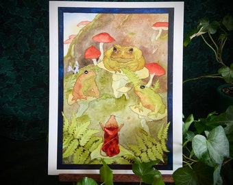 Toad Council Print ~ toads singing mouse adventurer frog symphony children's book watercolor illustration whimsical storybook woodland moss