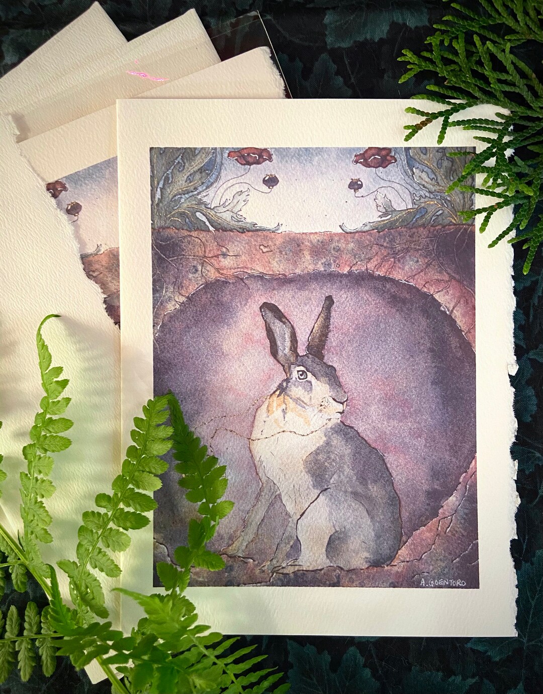 Set of Two Rabbit Blank Cards 5X7 Deckled Edge Watercolor Card ...