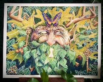 The Green Man Signed Archival Print ~ birch beard ancient nature art forest folklore protection spirit fae tree greenman print altar artwork