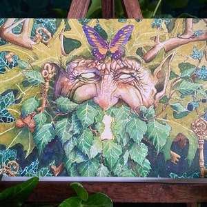 The Green Man Karte ~ Waldgott cernnunos Eichen Efeu Birke Efeu Aquarell heidnische Götter Magie Altar Kunst Antike Schlüssel Eichel Schmetterling Keltisches Pantheon