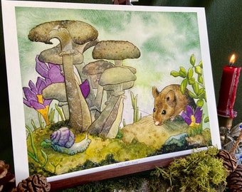 Impresión firmada de caracol y ratón ~ Ilustración caprichosa de animales de jardín, hongo, flor de azafrán de primavera, libro para niños, caracol, plantas, impresión de bosque