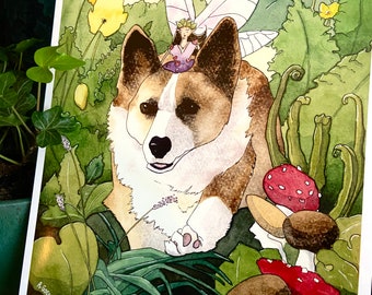即納】 コーギーのプリント画 コーギーと妖精 絵画 絵画 - 絵画