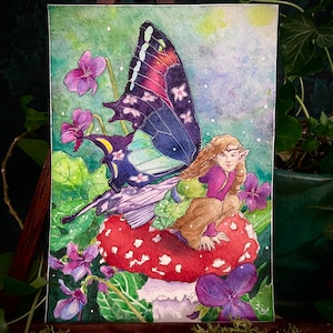 Violet Faery Original Watercolour Painting ~ faeryland original watercolor painting fairyland mushroom forest violet flower girl green leaf