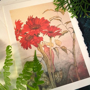 Lot de 2 cartes de voeux Poucette rouge bouquetière jardin enchanté fée fée grimpant lierre floral conte de fées fantaisiste magique fée fantaisiste
