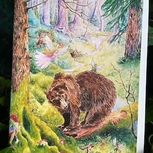 Bear in Faery Grove Card - fairy forest card grizzly fairy ring goblin magical faerie woods fairytale moss trees fae magick enchanted wood