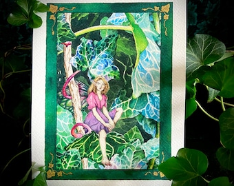 Pintura de acuarela original de Ivy Faery ~ bosque de hadas de fantasía acuarela original hada ooak hojas de vid ilustración infantil caprichosa