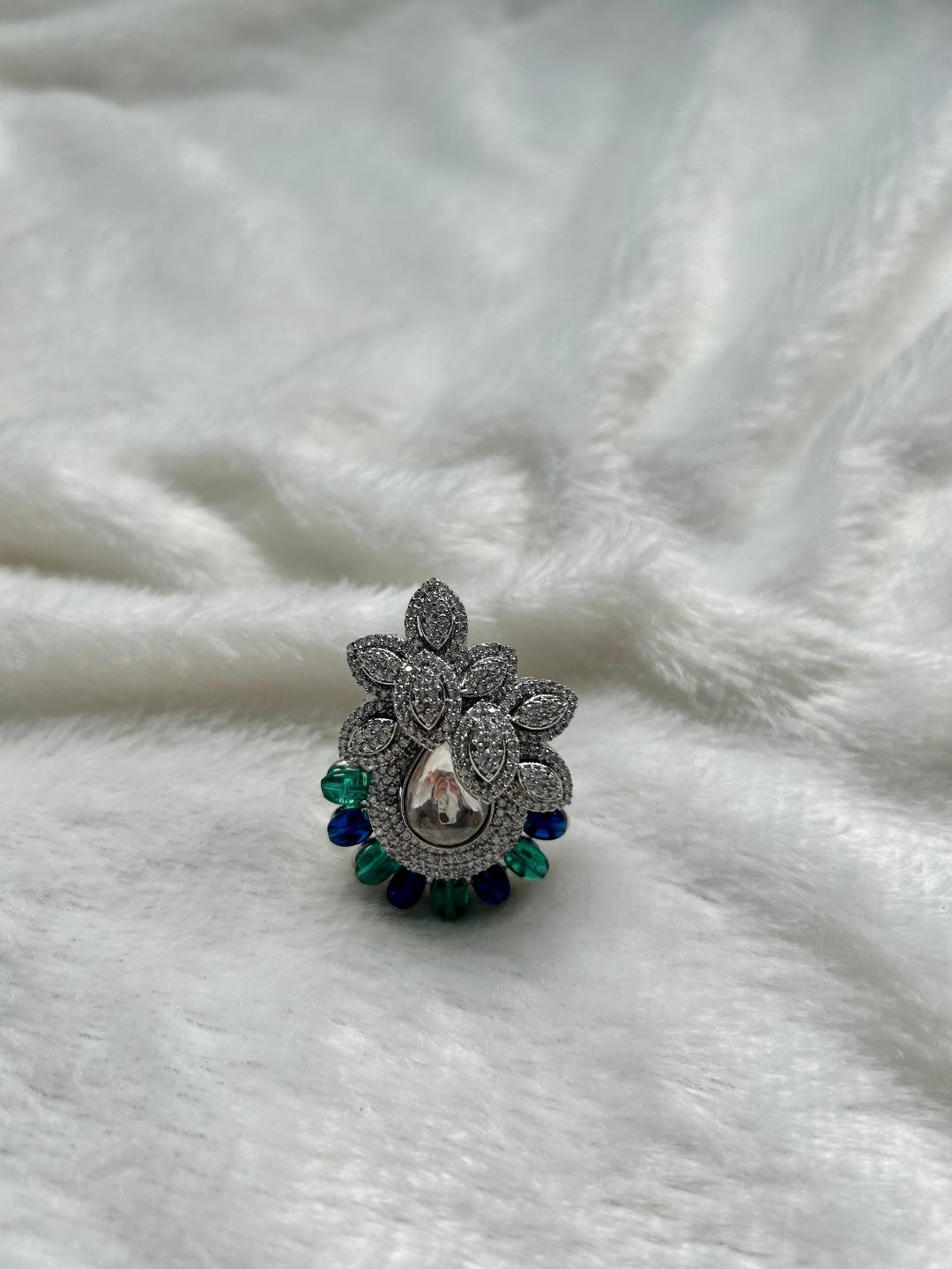 Indian Blue Rings American Diamond Green & Blue Floral Ring ~shaadi~simple~desi ...