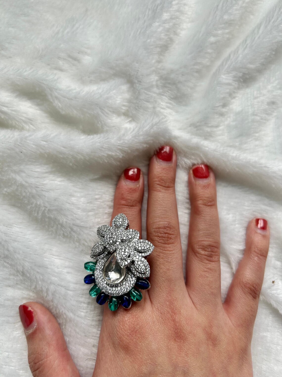 Indian Blue Rings American Diamond Green & Blue Floral Ring ~shaadi~simple~desi ...