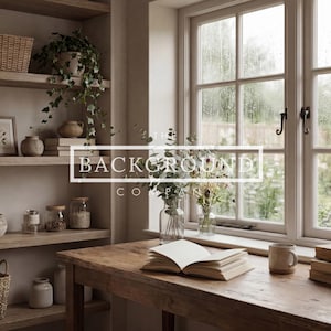 Puede incluir: Una acogedora oficina en casa con estanterías de madera llenas de libros, jarras y objetos decorativos. Un escritorio de madera tiene un libro abierto, una taza y libros apilados. Una ventana con vistas a un jardín está en el fondo. El texto "BACKGROUND CO".