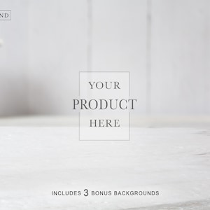 May include: A digital photography backdrop featuring a white wooden surface with a blurred white pitcher and canister in the background. The image contains the text THE BACKGROUND COMPANY, YOUR PRODUCT HERE, and INCLUDES 3 BONUS BACKGROUNDS.