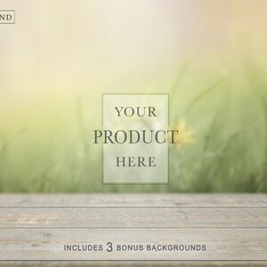May include: A digital photography backdrop featuring a light-colored wooden surface in the foreground and a soft-focus, blurred green meadow background. The image includes the text THE BACKGROUND COMPANY, YOUR PRODUCT HERE, and INCLUDES 3 BONUS BACKGROUNDS.