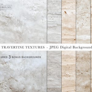 Puede incluir: Ocho texturas de travertino en tonos blancos, grises y beige. La imagen incluye el texto "5 Travertine Textures - JPEG Digital Backgrounds" y "Includes 3 Bonus Backgrounds."