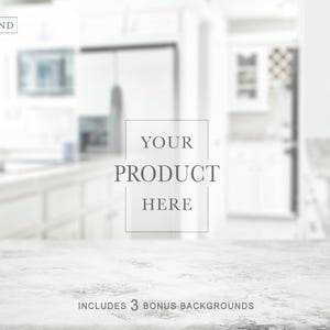 May include: A digital photography backdrop featuring a light grey marble surface in the foreground with a blurred white kitchen interior in the background. The image contains the text THE BACKGROUND COMPANY and YOUR PRODUCT HERE.